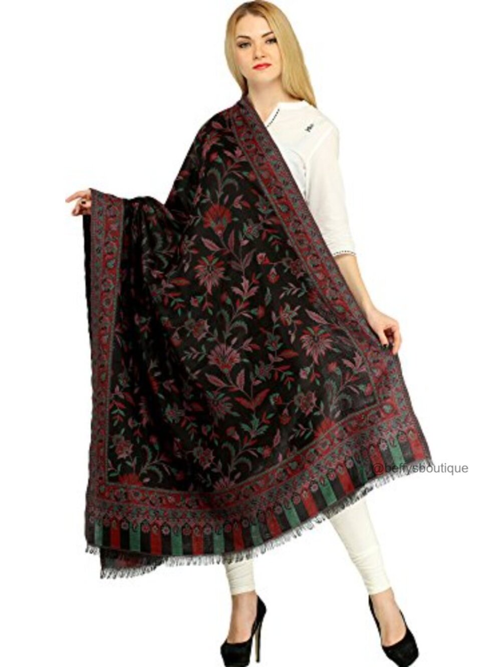 Reversible Jamawar Acrylic Wool Shawl Woven Floral Wrap
